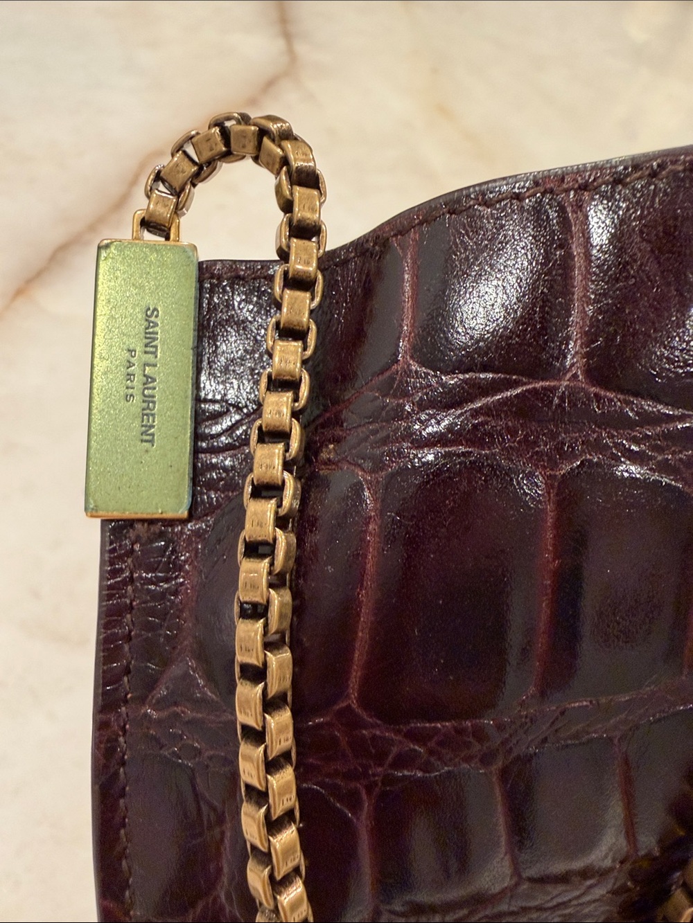 Saint Laurent Croc-Embossed Crossbody in Deep Burgundy with Gold Chain - Picture 6 of 7